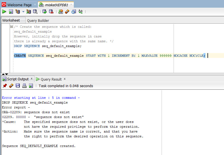 Create a sequence in SQL Developer