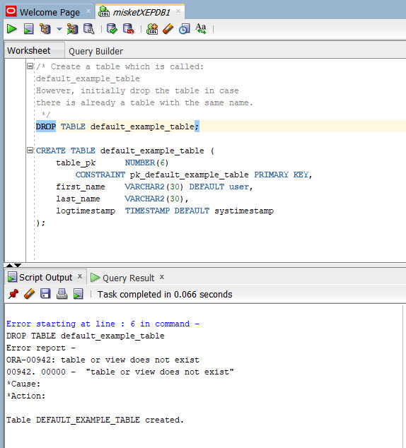 Create the table in SQL Developer