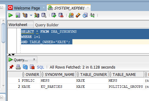 Public synonym MEPS in DBA_SYNONYMS.