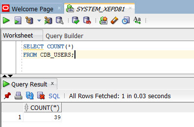 SYSTEM user queries CDB_USERS in the PDB named XEPDB1.