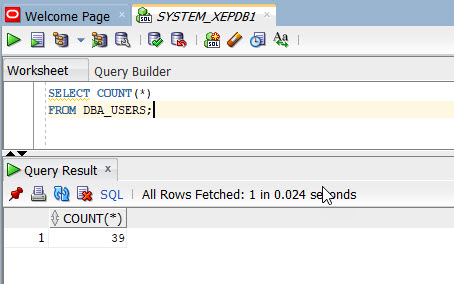 SYSTEM user queries DBA_USERS in the PDB named XEPDB1.