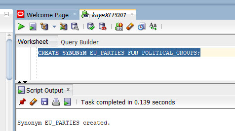 KAYE creates the Private Synonym EU_PARTIES for the table POLITICAL_GROUPS.