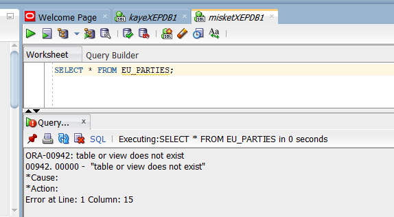 MISKET queries the newly created synonym EU_PARTIES, and receives an error.