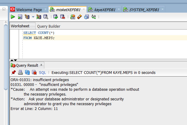 User MISKET queries the number of rows in User KAYE's table MEPS.