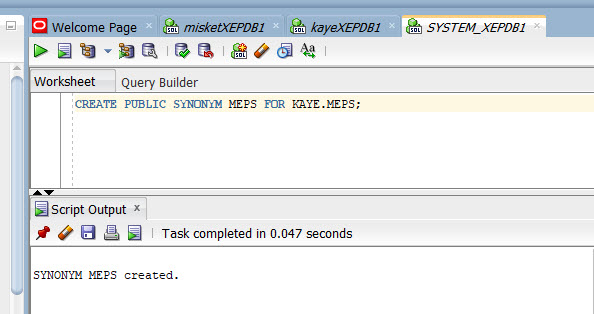 DBA creates a Public Synonym for KAYE.MEPS.