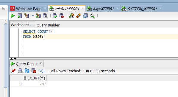 User MISKET selects count of rows in KAYE's table MEPS 
            through the public synonym MEPS.