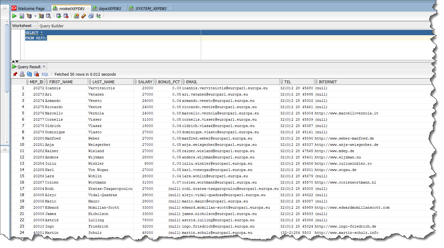 User MISKET selects all rows in  in KAYE's table MEPS 
        through the public synonym MEPS.