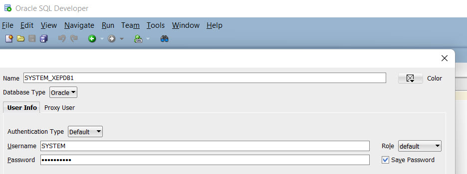 SYSTEM user connects to the PDB named XEPDB1 using SQL Developer.