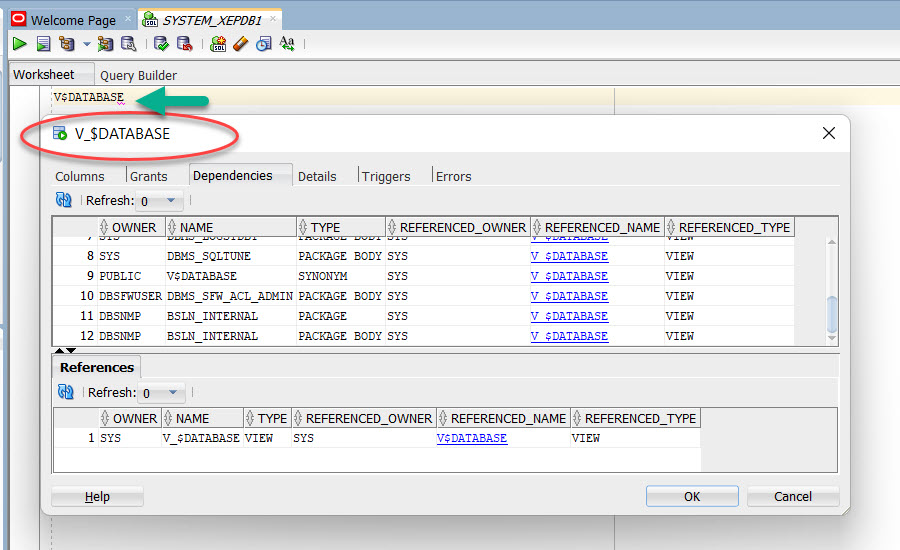 V$DATABASE Popup Describe
