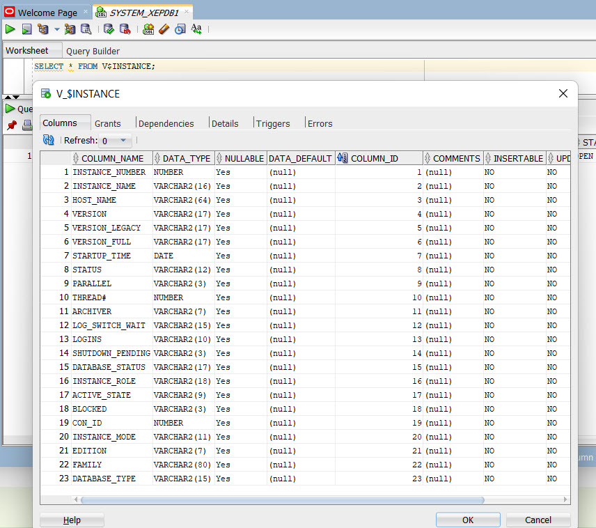 V$INSTANCE Popup Describe