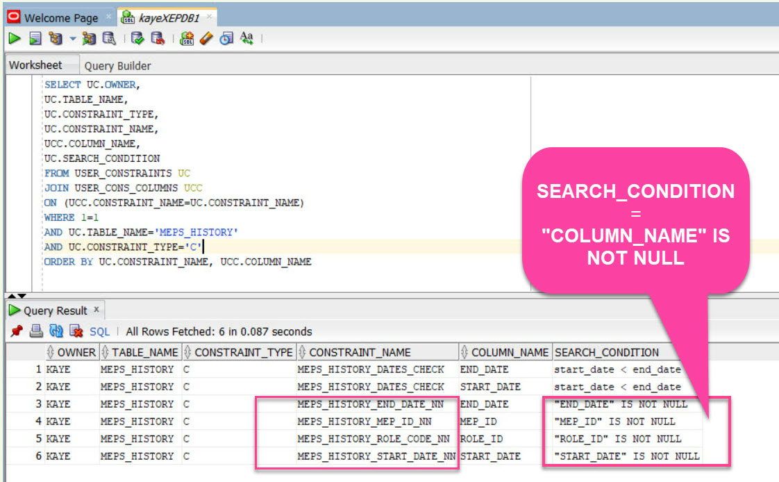 NOT NULL Constraints in Data Dictionary