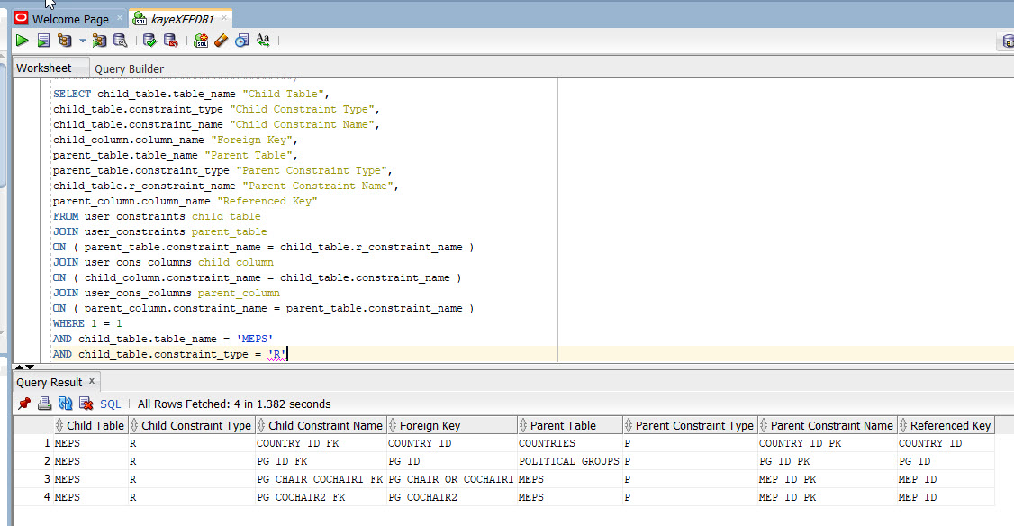 Query the FOREIGN KEY in Data Dictionary