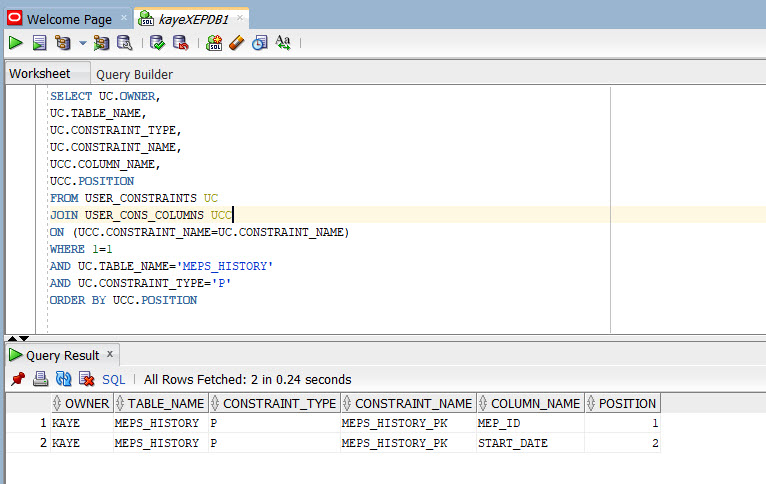 Query the PRIMARY KEY in Data Dictionary