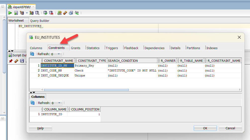 DESCRIBE table EU_INSTITUTES (Constraints Tab).